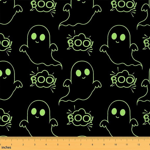 Feelyou Kids Green Ghost Fabric by the Yard 1 Yard, Cute Cartoon Home Decor Fabric by the Yard, Happy Halloween Sewing Fabric, Lightweight Room Decor
