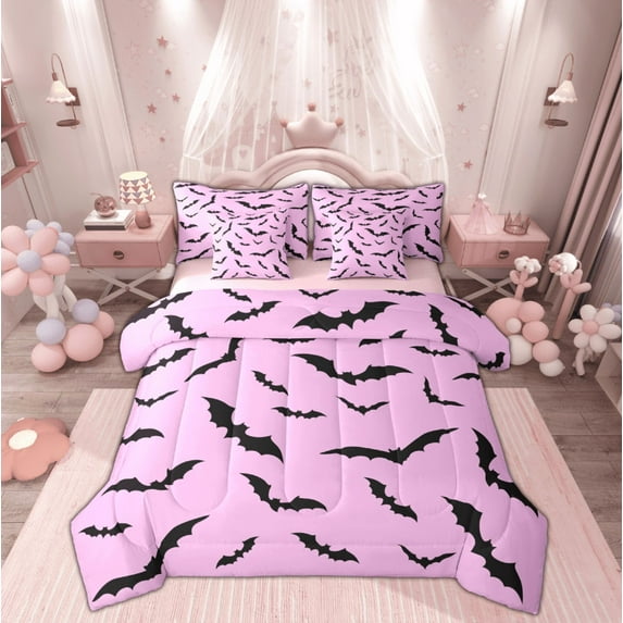 Feelyou Kids Halloween Bat Bedding Comforter Set 7pcs, Gothic Horror Animal King Bedding Sets, Black Plum Reversible Bed Sheets, Ultra Soft Home Decor, 3 Pieces