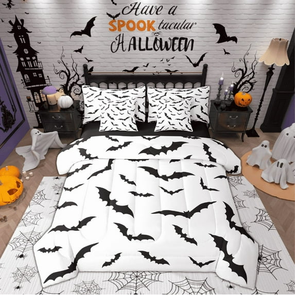 Feelyou Kids Halloween Bat Bedding Comforter Set 7pcs, Gothic Horror Animal King Bedding Sets, White Black Reversible Bed Sheets, Breathable Home Decor, 3 Pieces