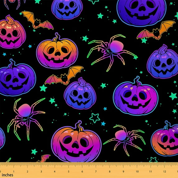 Feelyou Kids Halloween Pumpkin Fabric by the Yard 1 Yard, Trick or Treat Home Decor Fabric by the Yard, Gothic Spider Print Sewing Fabric, Ultra Soft Home Decor