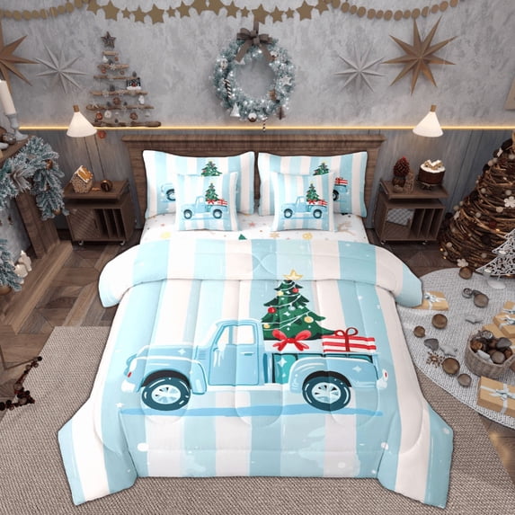 Feelyou Kids Happy Christmas Bedding Comforter Set 7 Pieces, Blue White Geometric Full Bedding Set, Cartoon Car Reversible Fitted Sheet Flat Sheet, Breathable Home Decor