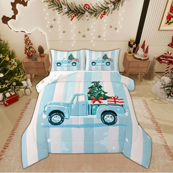 Feelyou Kids Happy Christmas Full Size Comforter Sets, Blue White Geometric Bedding Comforter Set, Cartoon Car Reversible Bedding Sets, Breathable Home Decor, 3pcs