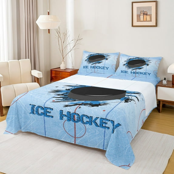 Feelyou Kids Ice Hockey Queen Sheet Sets, Est Sleep Sports Flat Sheet, Blue Stripes Lines Queen Fitted Sheet, Breathable Home Decor, 4 Pieces