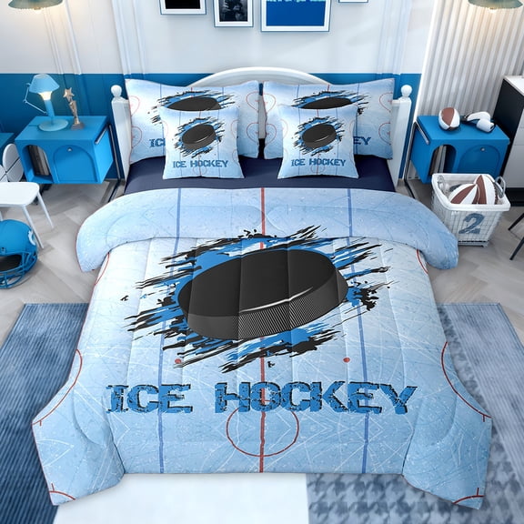 Feelyou Kids Ice Hockey Twin Bedding Sets 7-Piece, Est Sleep Sports Bedding Comforter Set, Blue Stripes Lines Reversible Sheet Sets, Breathable Home Decor