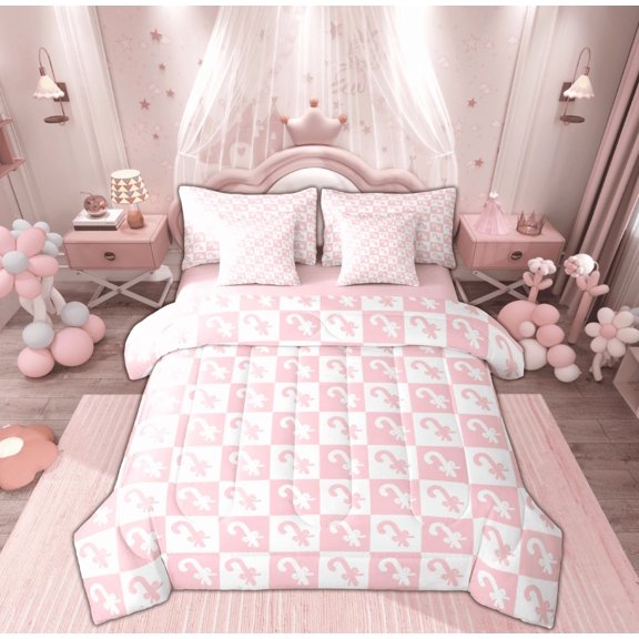Feelyou Kids Kawaii Bow Candy Bedding Comforter Set 7-Piece, White Pink Plaid Checkered King Bedding Sets, Merry Christmas Reversible Bed Sheets, Microfiber Bedroom Decor