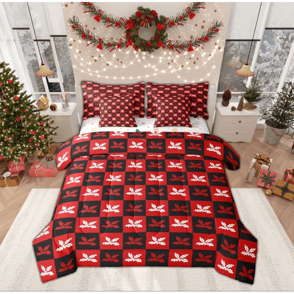 Feelyou Kids Kawaii Poinsettia Flower Twin Bedding Sets 7-Piece, Black Red Plaid Checkered Bedding Comforter Set, Merry Christmas Reversible Sheet Sets, Luxury Bedroom Decor