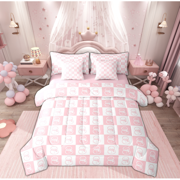 Feelyou Kids Kawaii Snowman Bedding Comforter Set 7 Pieces, White Pink Plaid Checkered Full Bedding Set, Merry Christmas Reversible Fitted Sheet Flat Sheet, Luxury Bedroom Decor