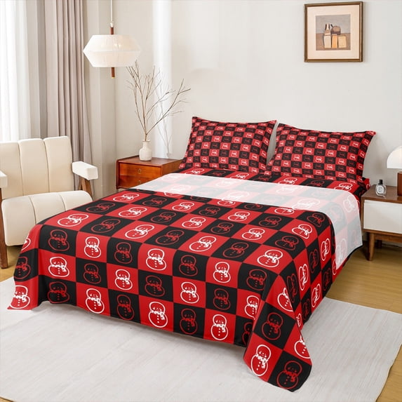 Feelyou Kids Kawaii Snowman Twin Sheet Sets, Black Red Plaid Checkered Twin Fitted Sheet, Merry Christmas Flat Sheet, Microfiber Bedroom Decor, 3pcs