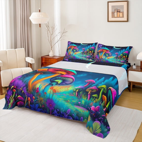 Feelyou Kids Magic Mushroom Full Size Sheets, Stars Moon Galaxy Bed Sheets, Fairy Tale Style Sheet Sets, Ultra Soft Bedroom Decor, 4-Piece