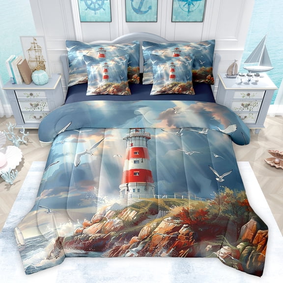 Feelyou Kids Ocean Lighthouse Bedding Comforter Set 7pcs, Cartoon Seagull Animal Queen Bedding Sets, Nautical Theme Reversible Queen Sheet Sets, Lightweight Room Decor