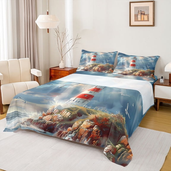 Feelyou Kids Ocean Lighthouse Queen Sheet Sets, Cartoon Seagull Animal Flat Sheet, Nautical Theme Queen Fitted Sheet, Lightweight Room Decor, 4pcs