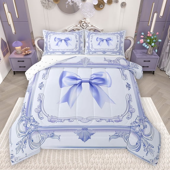 Feelyou Kids Princess Bowknot Queen Comforter Set, Bohemian Damask Floral Bedding Sets, Western Fashion Ribbon Reversible Bedding Comforter Set, Super Cozy Room Decor, 3-Piece