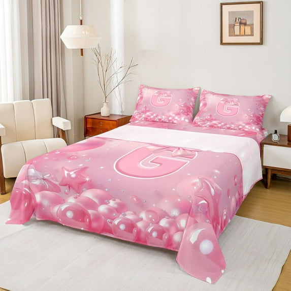 Feelyou Kids Princess Party Full Size Sheets, Pink Bow Monogrammed G Bed Sheets, 4pcs