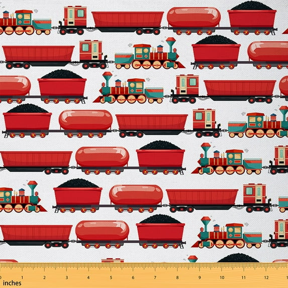 Feelyou Kids Red Truck Fabric by the Yard 5 Yards, Railway Train Home Decor Fabric by the Yard, Transportation Sewing Fabric, Super Cozy Room Decor