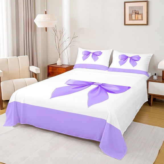 Feelyou Kids Ribbon Purple Twin Sheet Sets, Watercolor Ribbon Twin Fitted Sheet, Modern Fashion Bowknot Flat Sheet, Lightweight Room Decor, 3-Piece