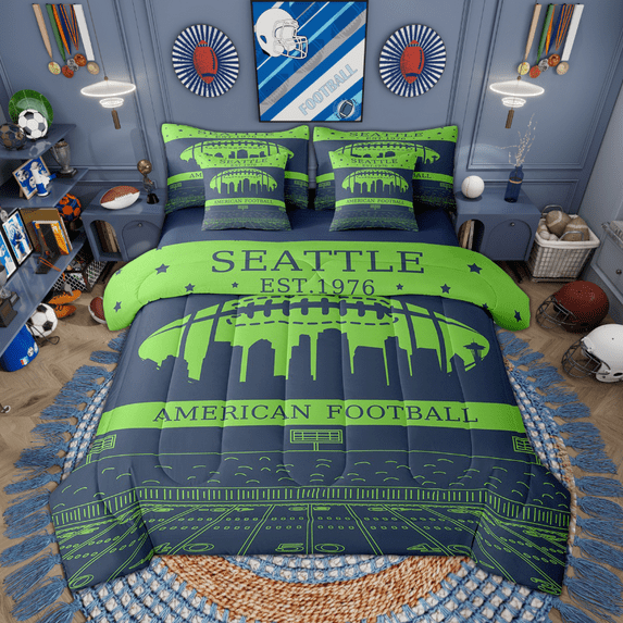 Feelyou Kids Rugby Bedding Comforter Set 7 Pieces for Boys, Seattle Football Queen Bedding Sets, American Football Print Queen Sheet Sets, Navy Blue Green Home Decor