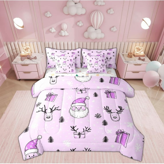 Feelyou Kids Santa Claus Bedding Comforter Set 7pcs, Dreamy Fairy Tale King Bedding Sets, Purple Christmas Gifts Reversible Bed Sheets, Super Cozy Room Decor