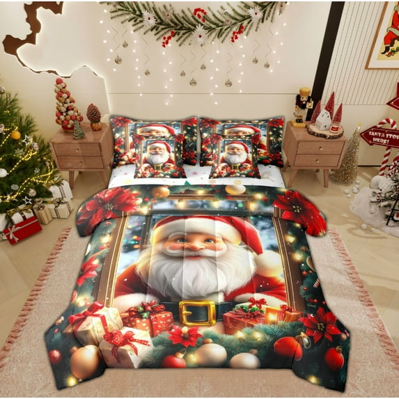 Feelyou Kids Santa Claus Bedding Comforter Set 7pcs, Glitter Xmas Dots Queen Bedding Sets, Dreamy Winter Christmas Reversible Queen Sheet Sets, Luxury Bedroom Decor