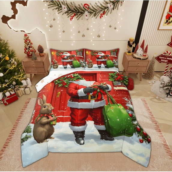 Feelyou Kids Santa Claus Full Size Comforter Sets, Dreamy Fairy Tale Bedding Comforter Set, Christmas Rabbit Animal Reversible Bedding Sets, Ultra Soft Home Decor, 3pcs