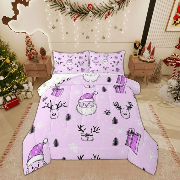 Feelyou Kids Santa Claus Full Size Comforter Sets, Dreamy Fairy Tale Bedding Comforter Set, Purple Christmas Gifts Reversible Bedding Sets, Super Cozy Room Decor, 3pcs