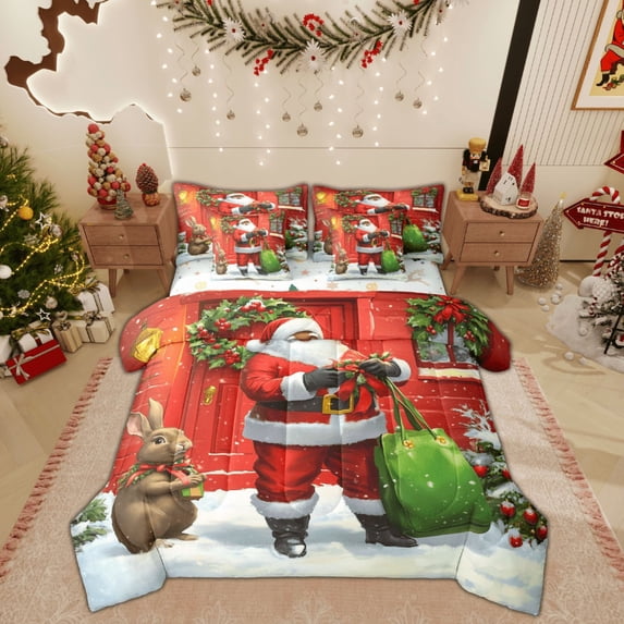 Feelyou Kids Santa Claus Twin Bedding Sets 7-Piece, Dreamy Fairy Tale Bedding Comforter Set, Christmas Rabbit Animal Reversible Sheet Sets, Ultra Soft Home Decor