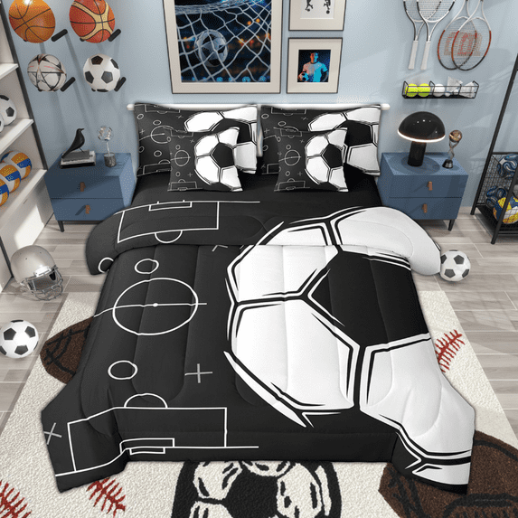 Feelyou Kids Soccer Print Bedding Comforter Set 7 Pieces, Football Field Print Queen Bedding Sets, Boys Sports Queen Sheet Sets, Black White Bedroom Decor