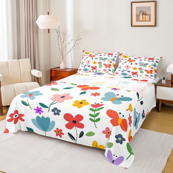 Feelyou Kids Spring Flower Bed Sheets, Cute Butterfly Animal King Sheets, Leaf Botanical Plant Sheet Set, Lightweight Room Decor, 4pcs