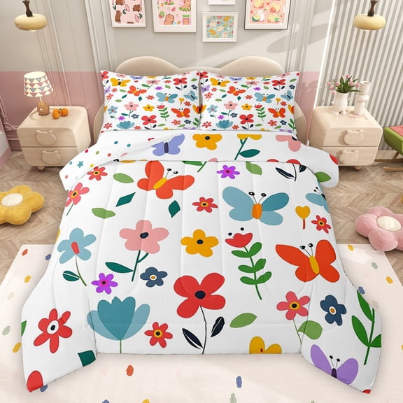 Feelyou Kids Spring Flower Bedding Comforter Set, Cute Butterfly Animal Twin Comforter Sets, Leaf Botanical Plant Reversible Bedding Set, Lightweight Room Decor, 2pcs