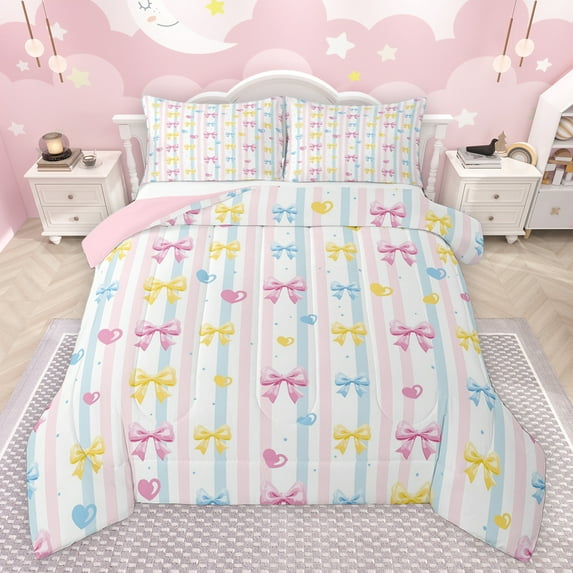 Feelyou Kids Watercolor Bowknot Bedding Comforter Set, Kawaii Love Heart Twin Comforter Sets, Fashion Stripes Lines Reversible Bedding Set, Microfiber Bedroom Decor, 2-Piece