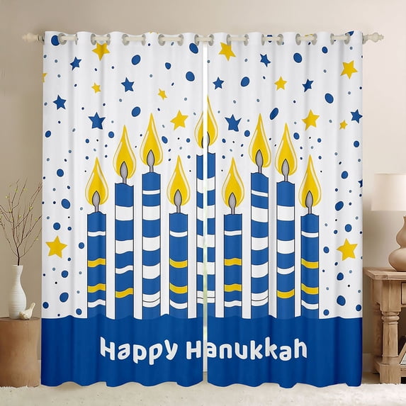 Feelyou Kids Western Chanukah Curtains Pack of 2 (42x84 Each), Festival Menorah Dreidel Curtains Blackout, Cartoon Stars Print Bedroom Curtains, Curtains and Drapes Room Decor