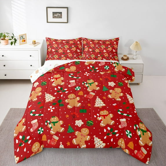 Feelyou Kids Xmas Dessert Queen Comforter Set, Cute Gingerbread Man Bedding Sets, Merry Christmas Reversible Bedding Comforter Set, Luxury Bedroom Decor, 3 Pieces