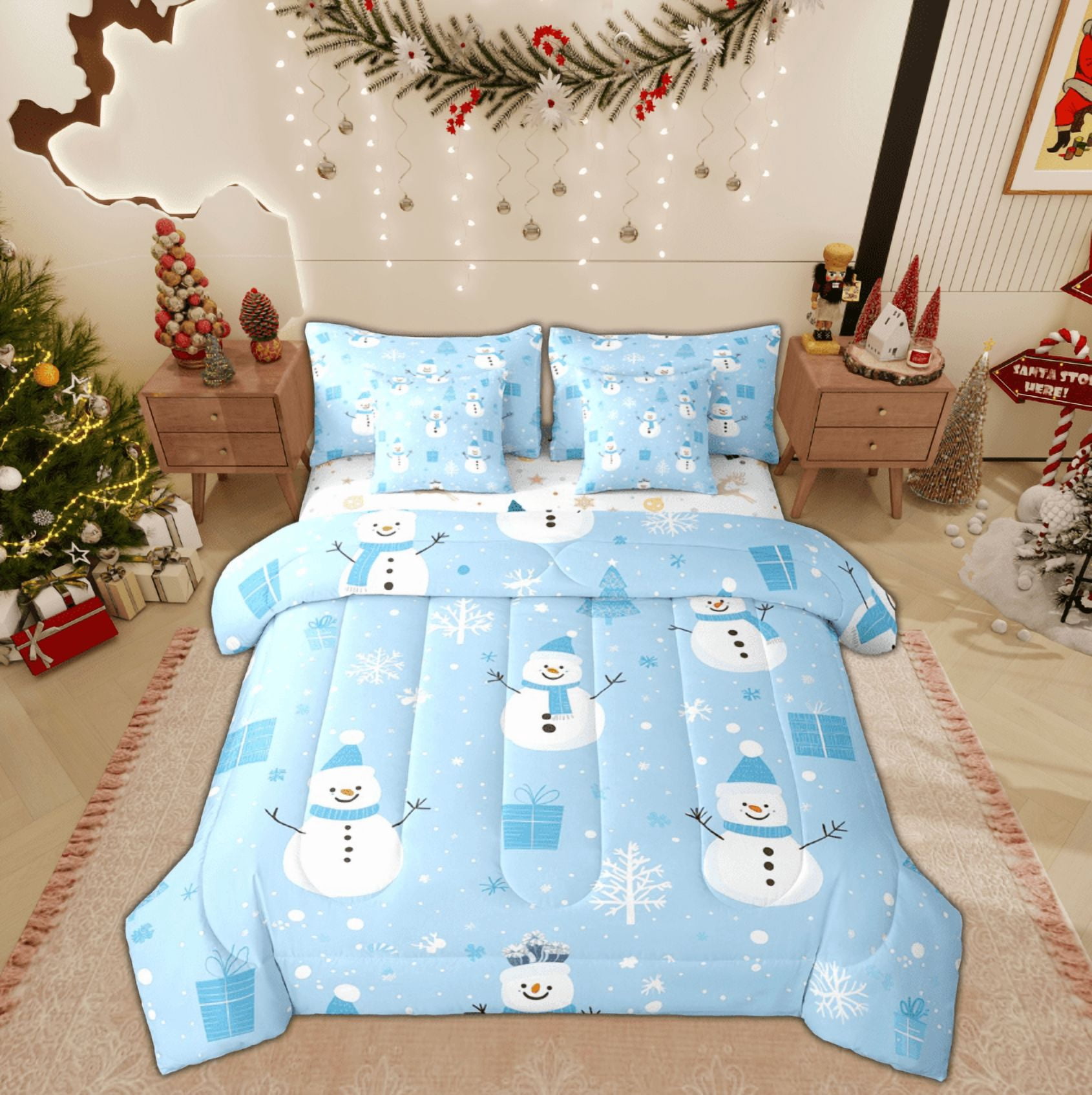 Feelyou Kids Christmas Comforter Set King Size - 7-Piece Snowman Bedding With Sheets, Pillowcases & Cushion Covers