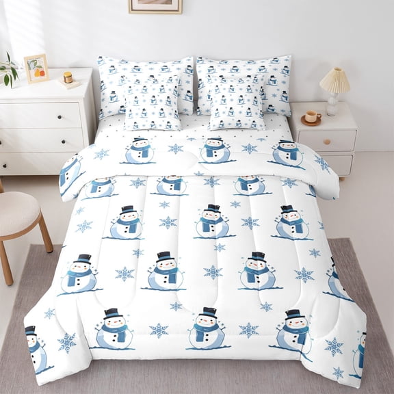 Feelyou Kids Xmas Snowman Bedding Comforter Set 7pcs, Kawaii Christmas Snowflake King Bedding Sets, Happy Winter Festival Reversible Bed Sheets, Breathable Home Decor, 3pcs