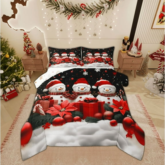 Feelyou Kids Xmas Snowman Full Size Comforter Sets, Kawaii Christmas Gift Bedding Comforter Set, Happy Festival Reversible Bedding Sets, Microfiber Bedroom Decor,3-Piece