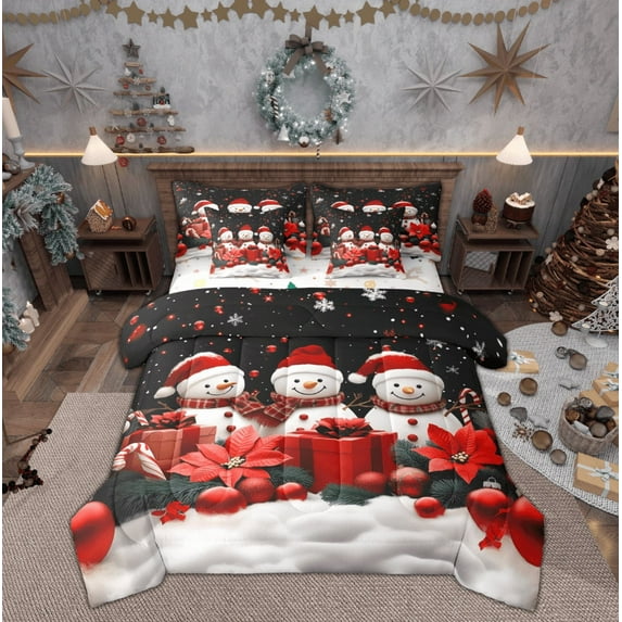 Feelyou Kids Xmas Snowman Twin Bedding Sets 7-Piece, Kawaii Christmas Gift Bedding Comforter Set, Happy Festival Reversible Sheet Sets, Microfiber Bedroom Decor