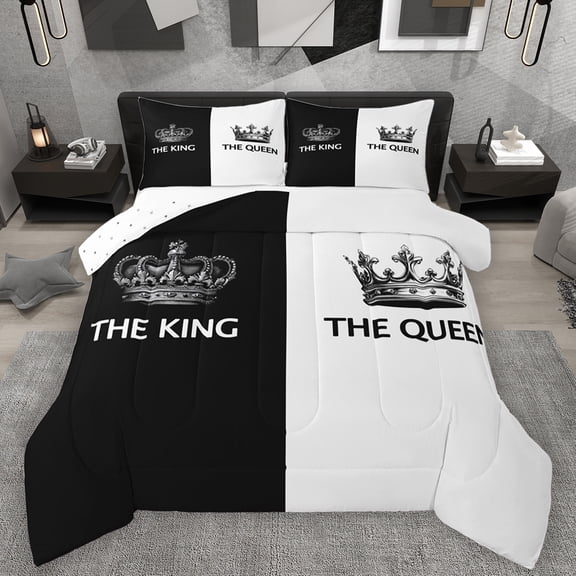 Feelyou King and Queen Full Size Comforter Sets, Romantic Couple Anniversary Bedding Comforter Set, Black White Reversible Bedding Sets, Microfiber Bedroom Decor, 3 Pieces