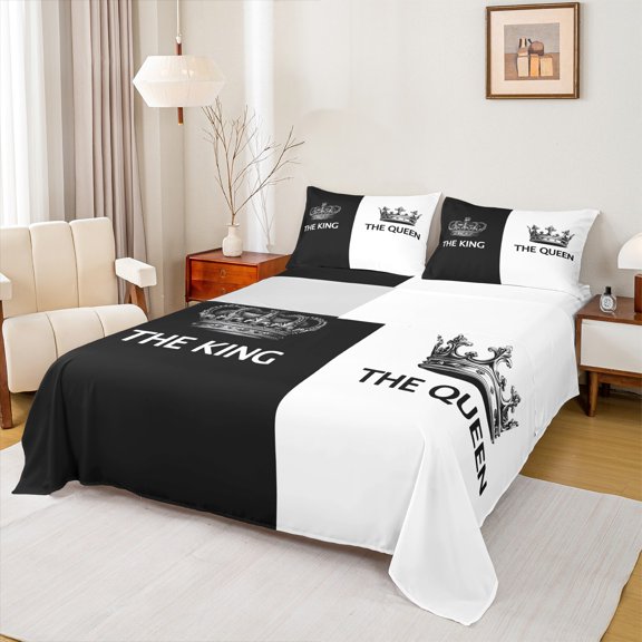 Feelyou King and Queen Bed Sheets, Romantic Couple Anniversary King Sheets, Black White Sheet Set, Microfiber Bedroom Decor, 4 Pieces