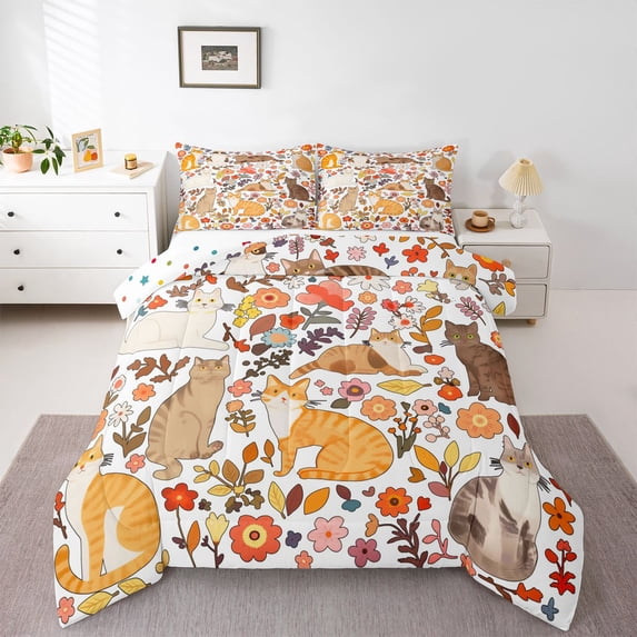 Feelyou Kitten Cat Queen Comforter Set, Flower Plant Bedding Comforter Set, 3 Pieces