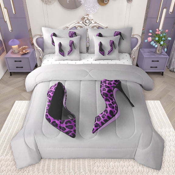 Feelyou Lady High Heel Bedding Comforter Set 7pcs for Girl, Fashion Cheetah Leopard Print King Bedding Sets, Purple Reversible Bed Sheets, Super Cozy Room Decor