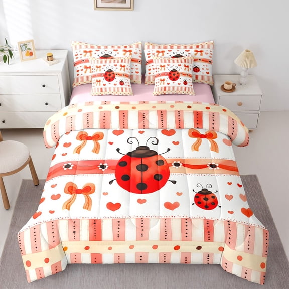Feelyou Ladybug Animal Bedding Comforter Set 7pcs, Bowknot Love Heart Queen Bedding Sets