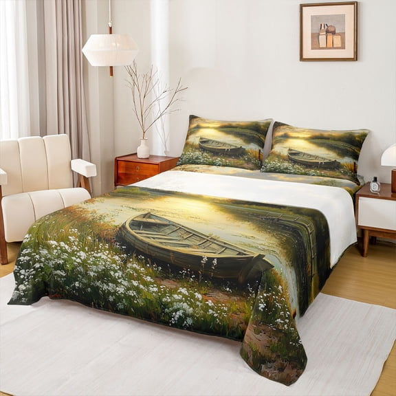 Feelyou Lake Boat Wooden Landscape Full Size Sheets for Men Women, Forest Wildflower Scenery Bed Sheets, Gold Green, 4-Piece