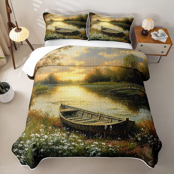 Feelyou Lake Boat Wooden Landscape Twin Quilt Set for Men Women, Forest Wildflower Scenery Twin Coverlet Set, Gold Green, 2-Piece