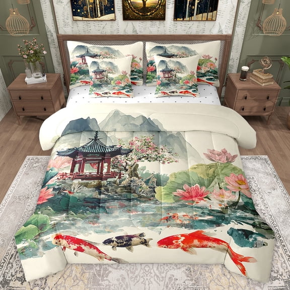 Feelyou Lake Lotus Fish Bedding Comforter Set 7 Pieces, Chinese Style Garden Full Bedding Set, Vintage Watercolor Reversible Fitted Sheet Flat Sheet, Microfiber Bedroom Decor