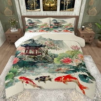 Feelyou Lake Lotus Fish Bedding Comforter Set, Chinese Style Garden Twin Comforter Sets, Vintage Watercolor Reversible Bedding Set, Microfiber Bedroom Decor, 2-Piece