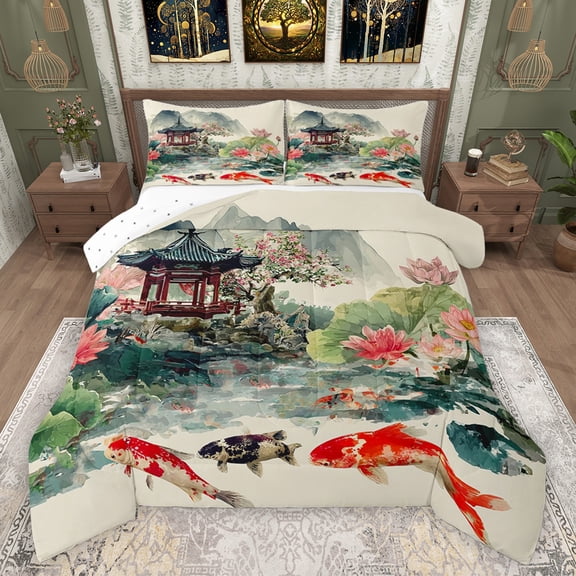 Feelyou Lake Lotus Fish Bedding Comforter Set, Chinese Style Garden Twin Comforter Sets, Vintage Watercolor Reversible Bedding Set, Microfiber Bedroom Decor, 2-Piece