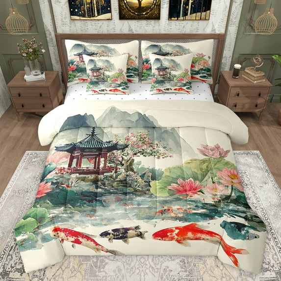 Feelyou Lake Lotus Fish Twin Bedding Sets 7-Piece, Chinese Style Garden Bedding Comforter Set, Vintage Watercolor Reversible Sheet Sets, Microfiber Bedroom Decor