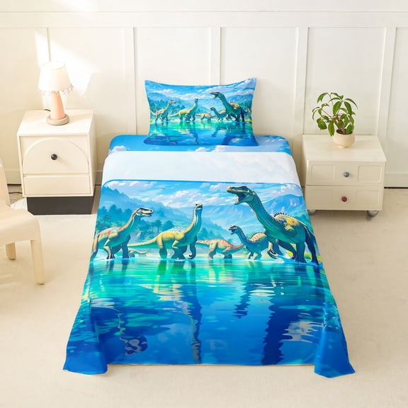 Feelyou Lake Watercolor Long Neck Dinosaurs Twin Sheet Sets for Boys Girls, Prehistoric Wildlife Bedding, Blue, 3-Piece