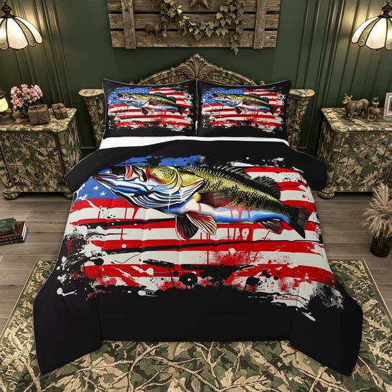 Feelyou Largemouth Bass Fish Full Size Comforter Sets for Men, Splash Star Stripe US Flag Bedding Sets, Red Blue, Black Reversible, 3 Pieces