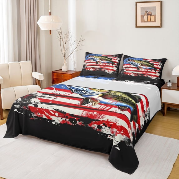 Feelyou Largemouth Bass Fish Full Size Sheets for Men, Splash Star Stripe US Flag Bed Sheets, Red Blue, 4 Pieces