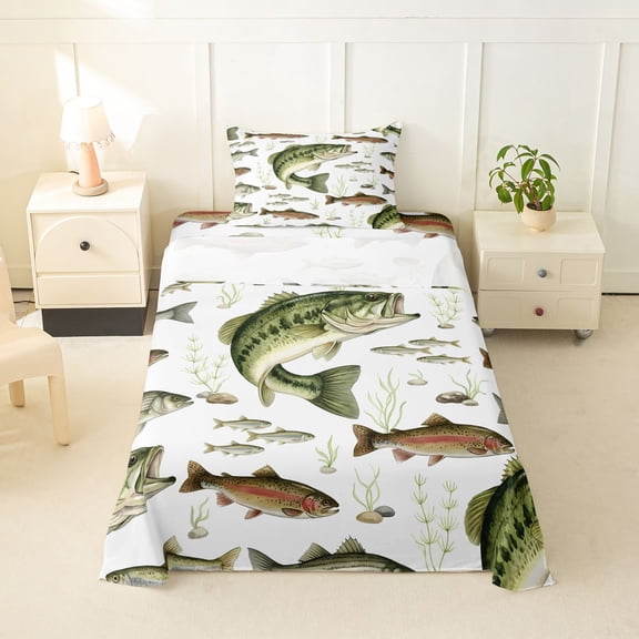 Feelyou Largemouth Bass Fishing Twin Sheet Sets for Men, Natural Stream Marine Bedding, Green, 3-Piece
